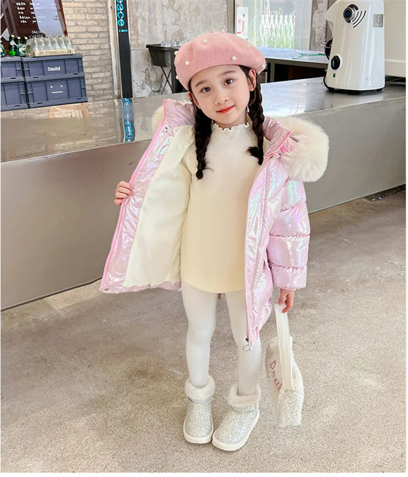 New Winter Coats Girls Warm Long Down Jackets Kids Fashion Unicorn Shiny Waterproof Parka Children Fur Collar Hooded Outerwear