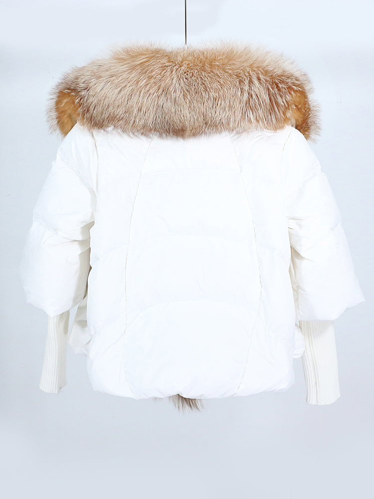 OFTUBY 2023 White Duck Down Jacket Winter Women Warm Loose Coat Natural Real Fox Fur Collar Thick Luxury Outerwear New Fashion
