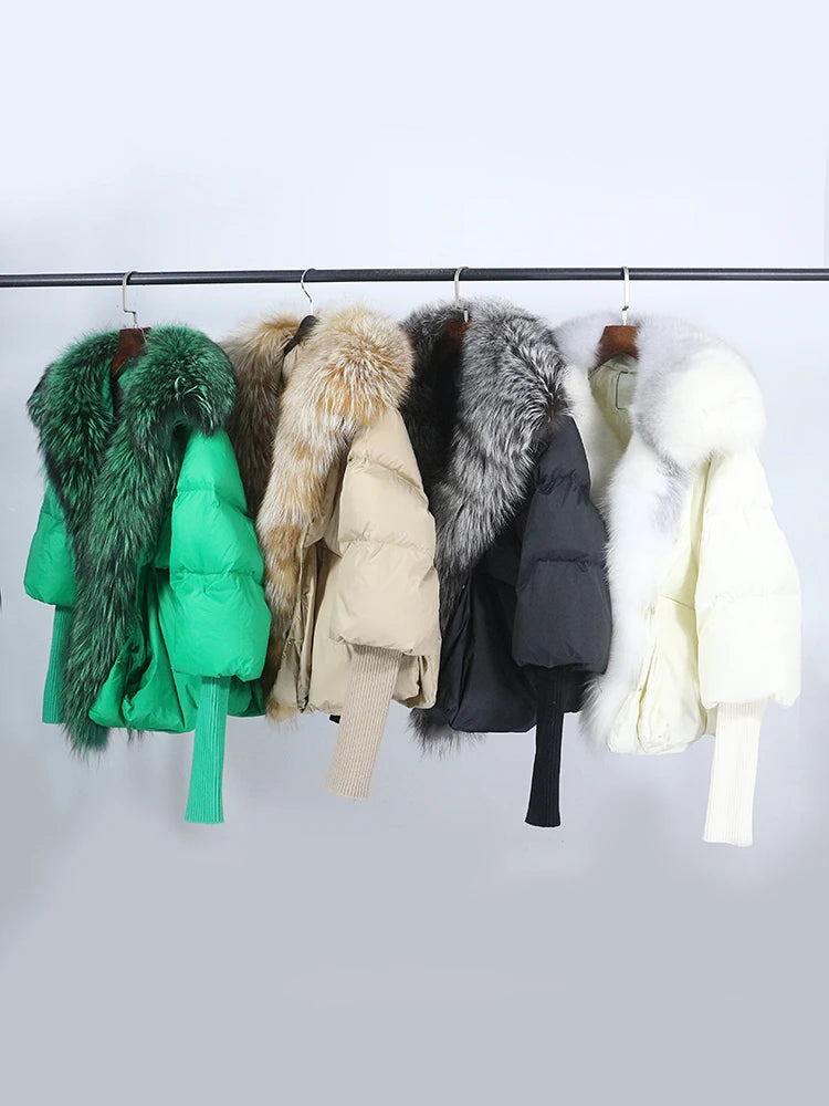 OFTUBY 2023 White Duck Down Jacket Winter Women Warm Loose Coat Natural Real Fox Fur Collar Thick Luxury Outerwear New Fashion