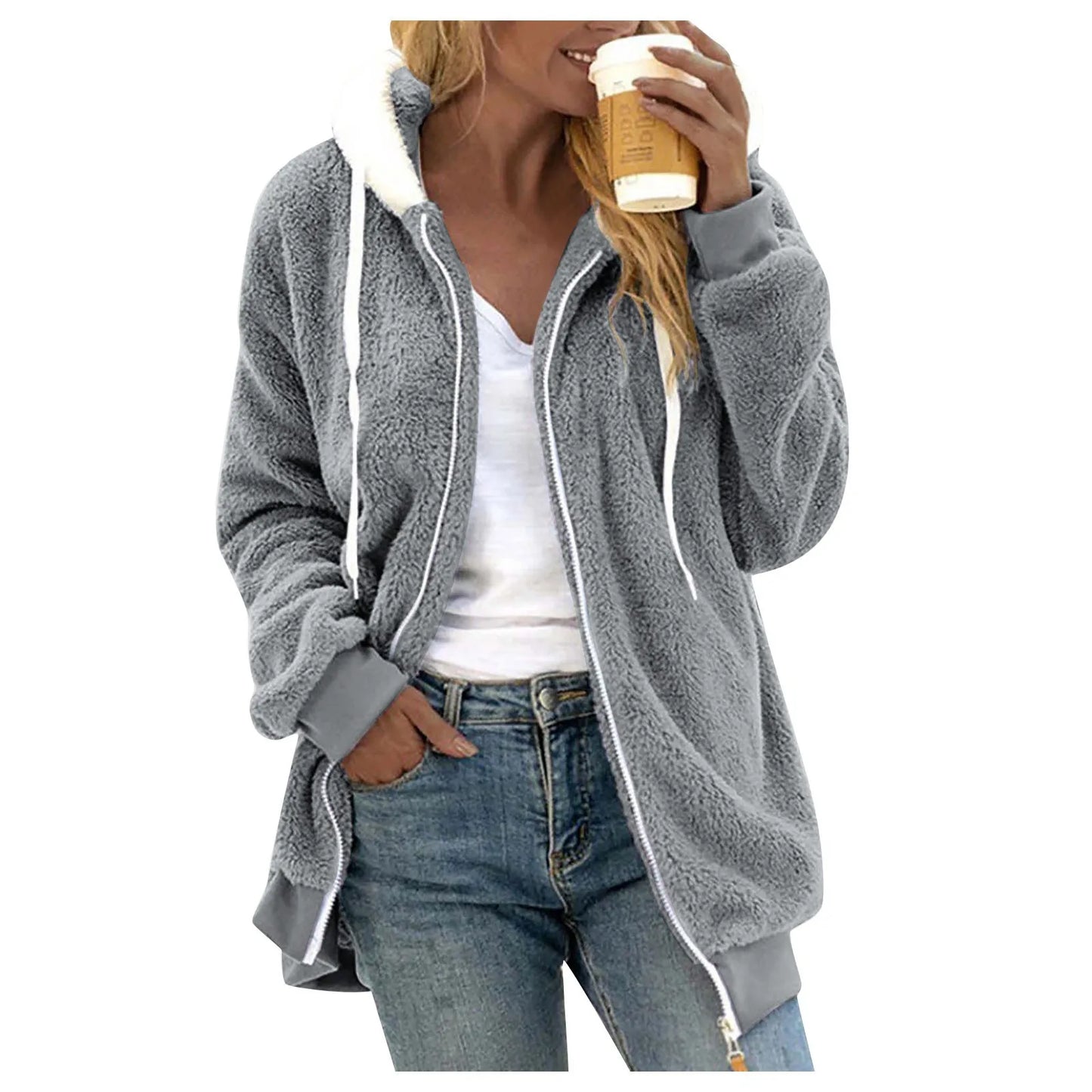 Winter Fashion Women's Coat New Casual Hooded Zipper Ladies Clothes Cashmere Women Fleece Jacket Solid Color Ladies Coats