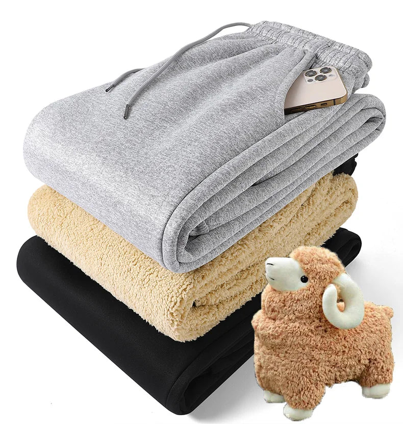 Pants for men in autumn and winter, thickened with fleece for outerwear, casual pants, warm lamb wool sports sweatpants
