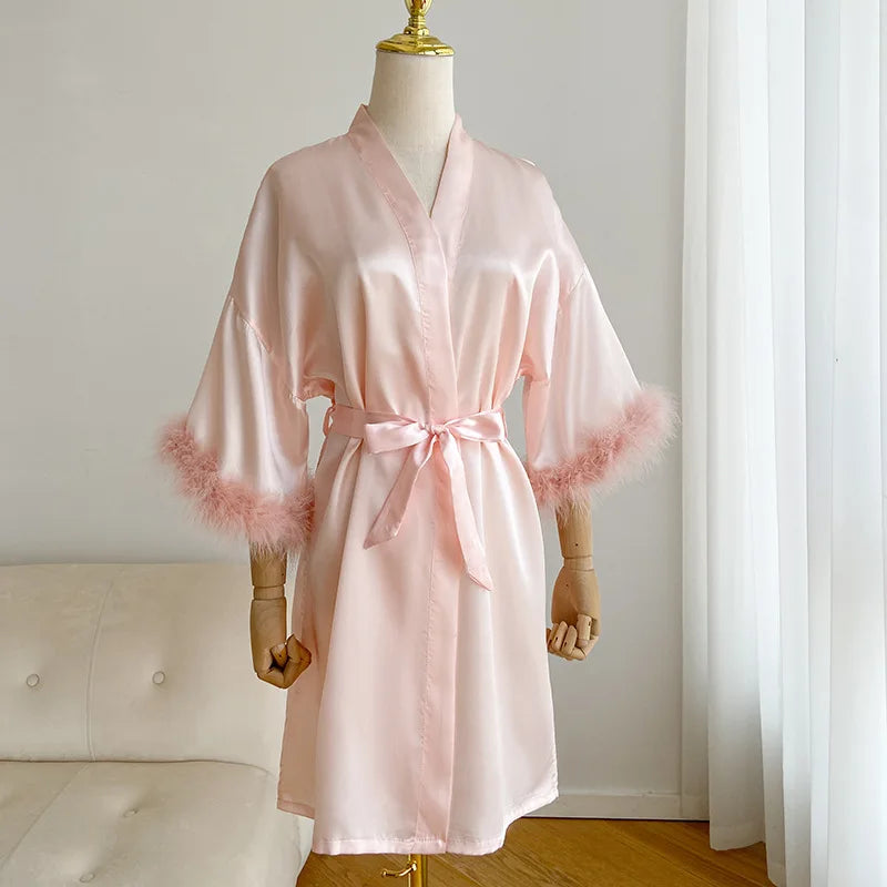 Wedding Bride Robe Morning Gown Elegant Feather Female Kimono Bathrobe Gown Sexy Rayon Summer New Sleepwear Nightwear Lingerie