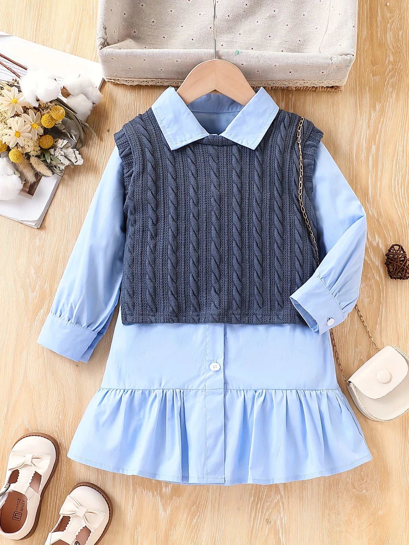 Girls Fashionable Casual Two-Piece Shirt Dress + Vest Suitable for 18 Months - 6 Years Old