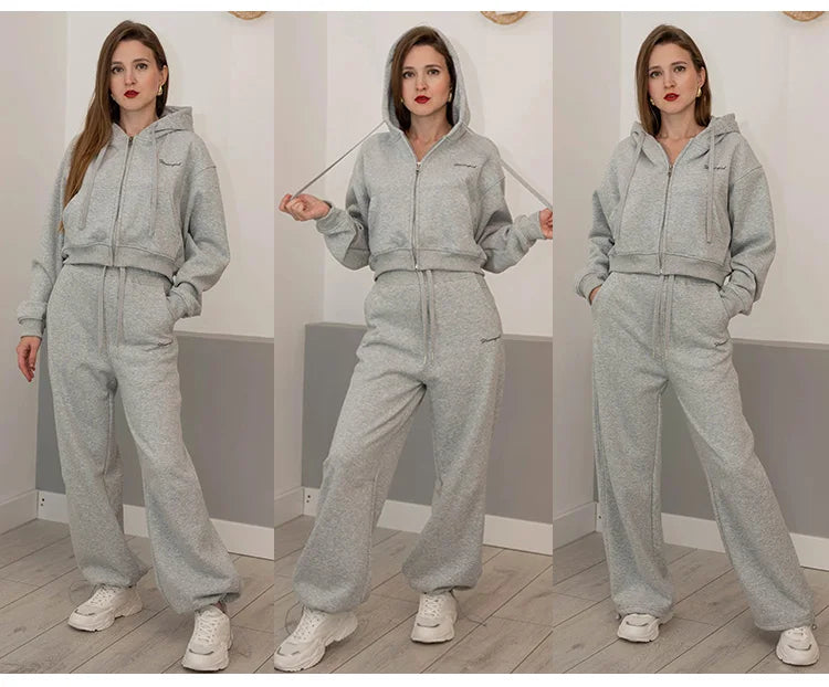 Women Tracksuits Winter Fleece Sweatsuit Brown Warm Crop Zipper Hoodies And Sweatpants Set For Women 2 Piece Velvet Pants Sets