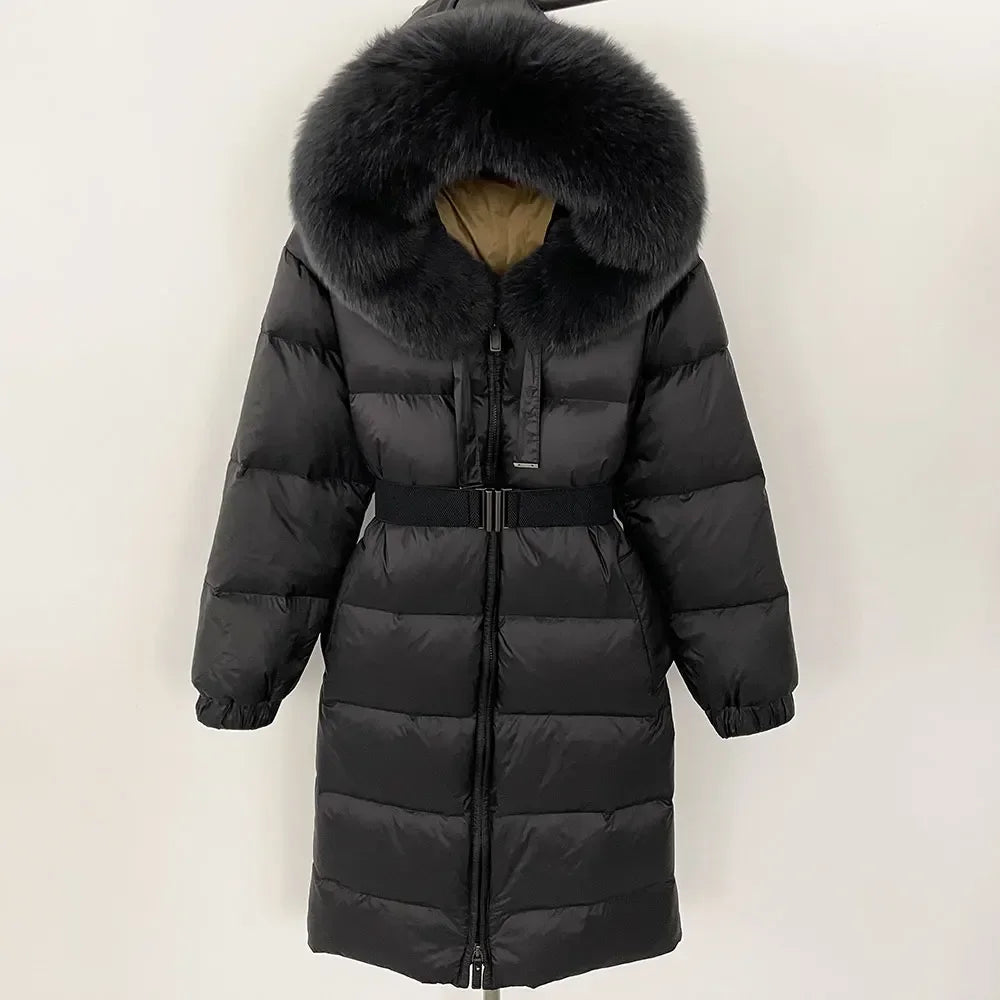 New Winter 2024 Warm 90 White Duck Down Coat Female Cold Lady Real Fur Coat Women Hooded Long Natural Fox Fur Puffer Jacket