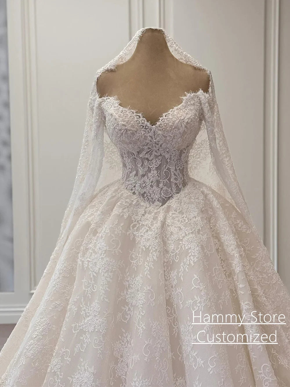 Ball Gown Lace Wedding Dresses for Woman Bride Customized Long Sleeves V Neck Pearls Corset Bridal Gown Vestidos De Novia