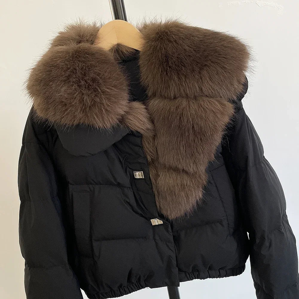 Faux Fur Collar Puffer Jacket Fashion Fake Fur Women Fur Coat Eco-friendly Winter Short White Duck Down Jacket Warm Clothing