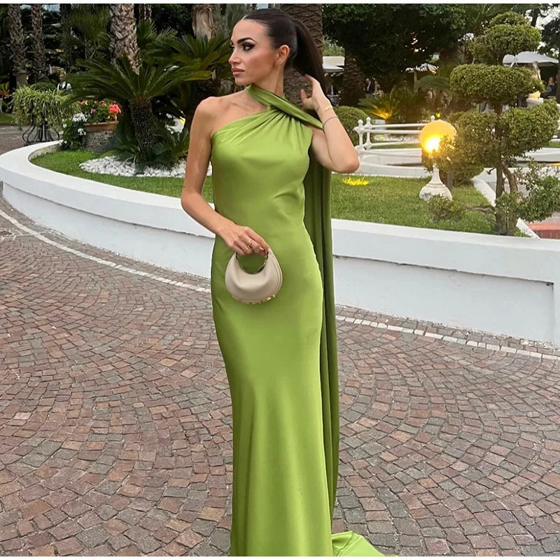 Sexy Satin Ribbon Party Dress Women Elegant Halter Backless Off Shoulder Sleeveless Female Dresses 2024 Summer Solid Robe Gown
