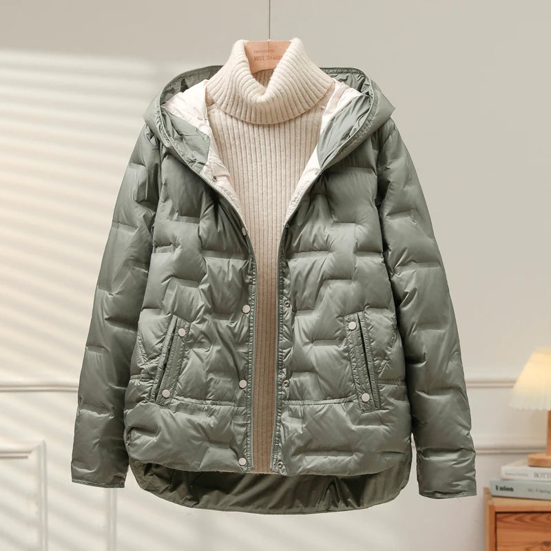 Lagabogy 2025 Autumn Winter Women White Duck Down Coat Casual Single Breasted Hooded Jacket Female Light Puffer Parka Outwear