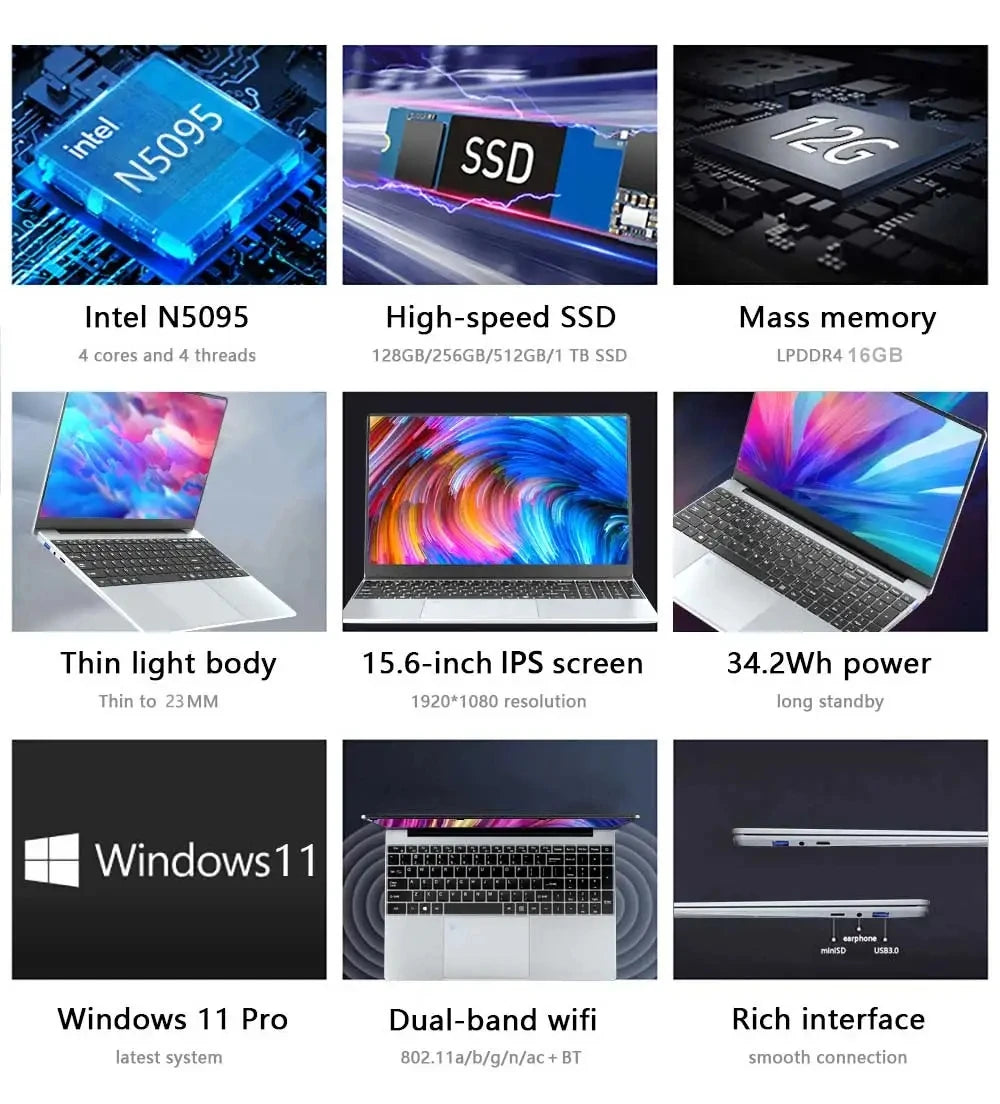 Laptop Intel N5095 15.6 Inch 32GB RAM 2TB SSD DDR4 Windows 11 Fingerprint Unlock Backlit Keypad HD Camera BT4.2 Computer PC