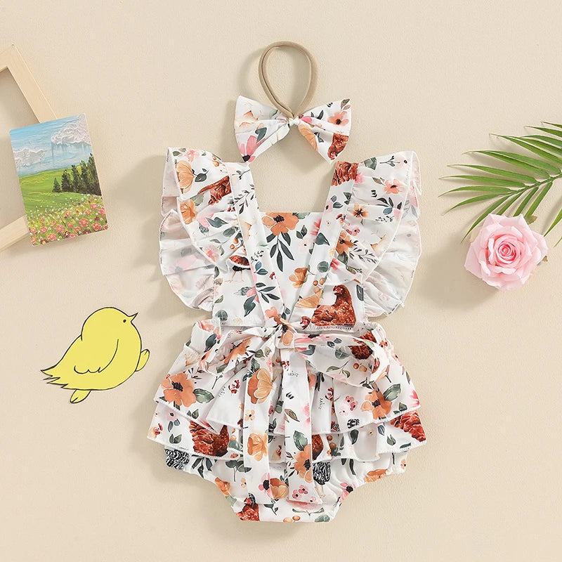 Baby Girl Summer Western Clothes Cow Print Ruffled Fly Sleeve Square Neck Romper with Bow Headband 2PCS Outfit for Infants