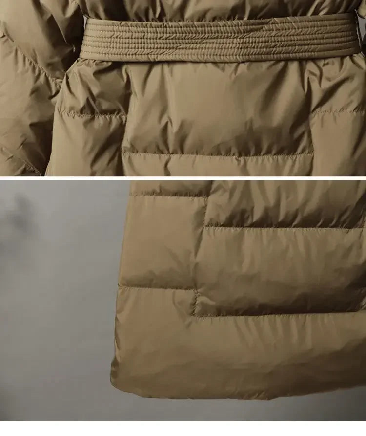 2024 New Winter Women White Duck Down Long Jacket With Belt Female Thick Warm Coat Luxury Slim Parka Hooded Outerwear