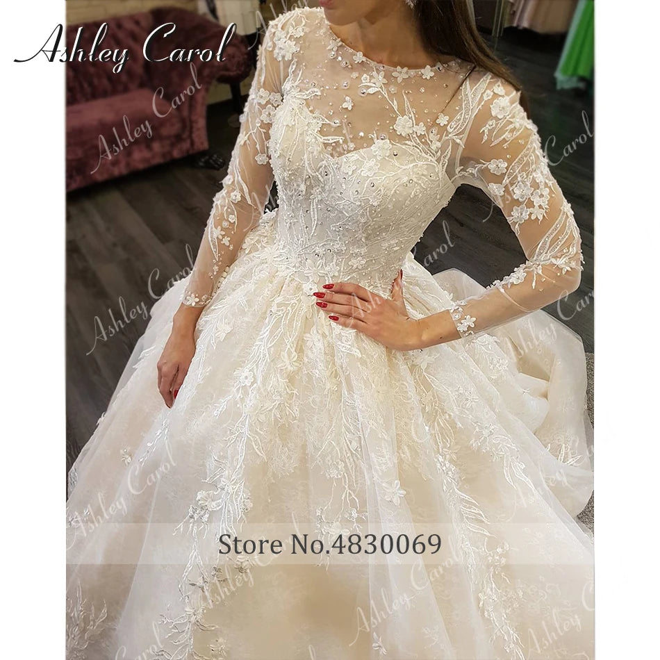 Ashley Carol Lace Ball Gown Wedding Dresses Sexy Vestido De Noiva Long Sleeve Appliques Lace Up Luxury Cathedral Wedding Gowns