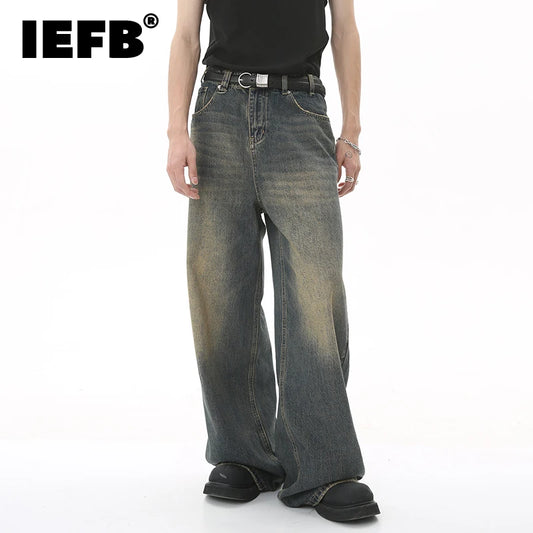 IEFB Summer Men's Denim Pants Old Blue Washed Male Jeans Straight Casual Menwear Loose Wide Leg Trousers New Fashion 9C354