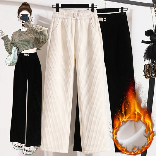 New 2024 Winter Pants For Women Thick Velvet High Elastic Waist White Or Black Chenille Pants Women Streetwear Wide Leg Trousers