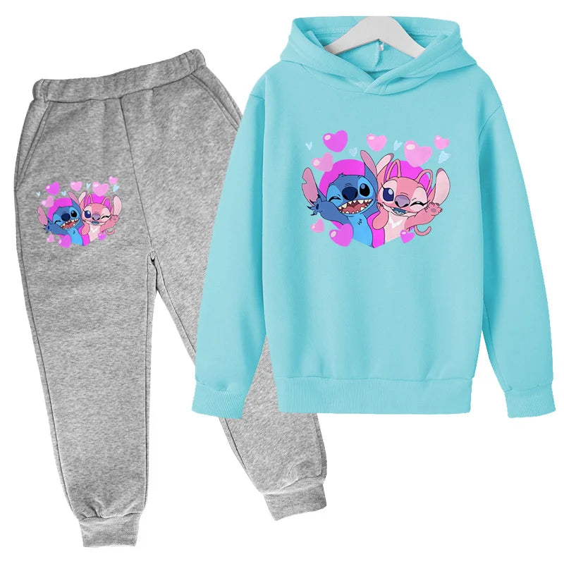 New Cute Stitch Hoodies Sweatshirts Girls Clothes Children's Clothing Sets Child Girl Tops+Pants 2 Pcs Suits Boys Tracksuits Set