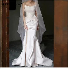 Luxury French White Satin Trailing Bride Wedding Dress Sexy Halter Backless Ball Gown Wedding Evening Prom Dresses for Women