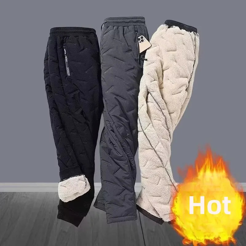 Men's Winter Thiened Fce Lined down Cotton Pants Casual Snowy Work Trousers Warm Lamb Velvet Long Pants Faion Urban Sle