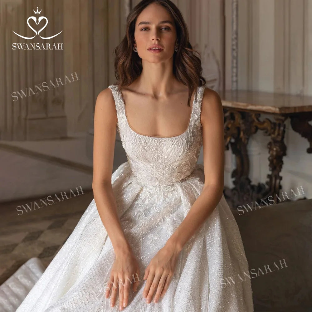 Shiny Sleeveless Wedding Dress 2025 Appliques Backless A-Line Princess Bride Gown SwanSarah P272 customized Vestido De Novia