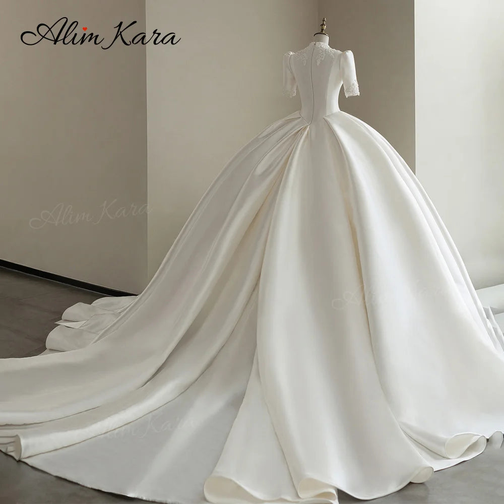 Alim Kara V-neck Ball Gown Wedding Dress 2026 Classic Beaded Satin customized Bridal Beach Princess B346 Party Vestido De Novia