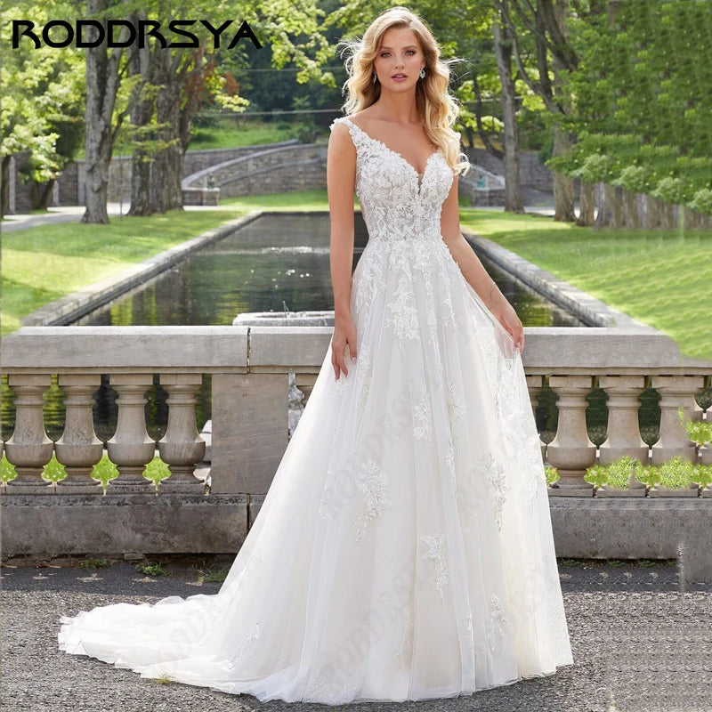 RODDRSYA Vintage Tulle V-Neck Wedding Dresses For Women Luxury Lace A-line Backless Bridal Party Appliques Robe De Soirée 2024