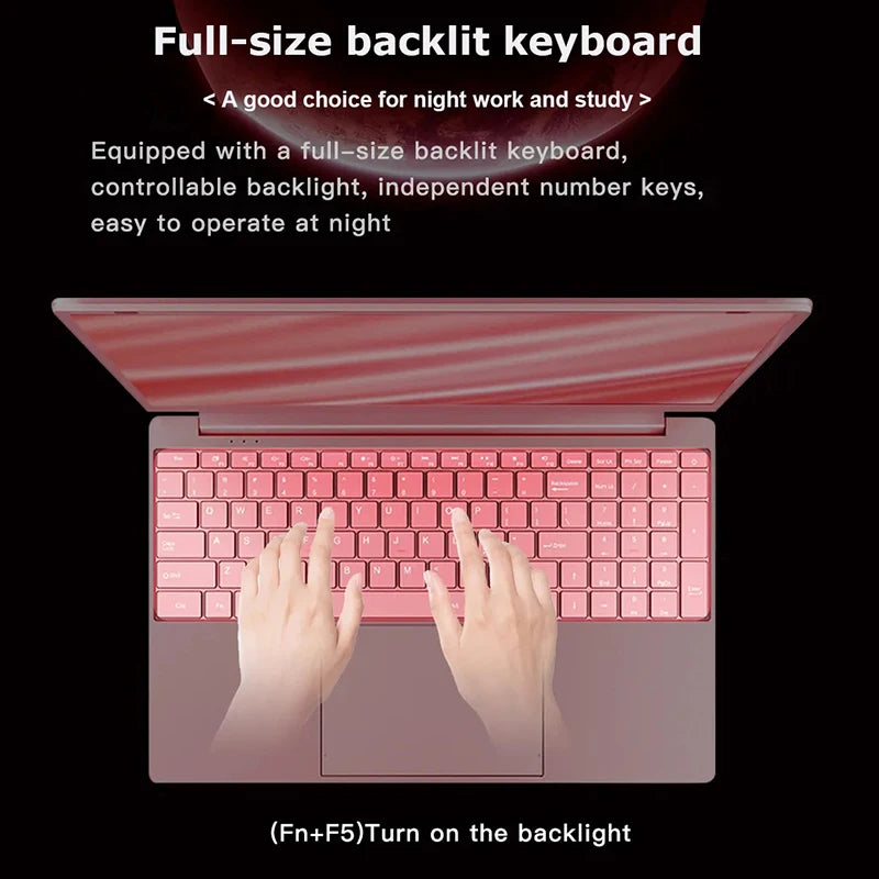 11th Gen Celeron N5095 Laptop - Win 10/11, 16GB 32GB RAM, 128GB - 2TB SSD. 2.4G/5.0G WiFi & Bluetooth, stylish pink keyboard.