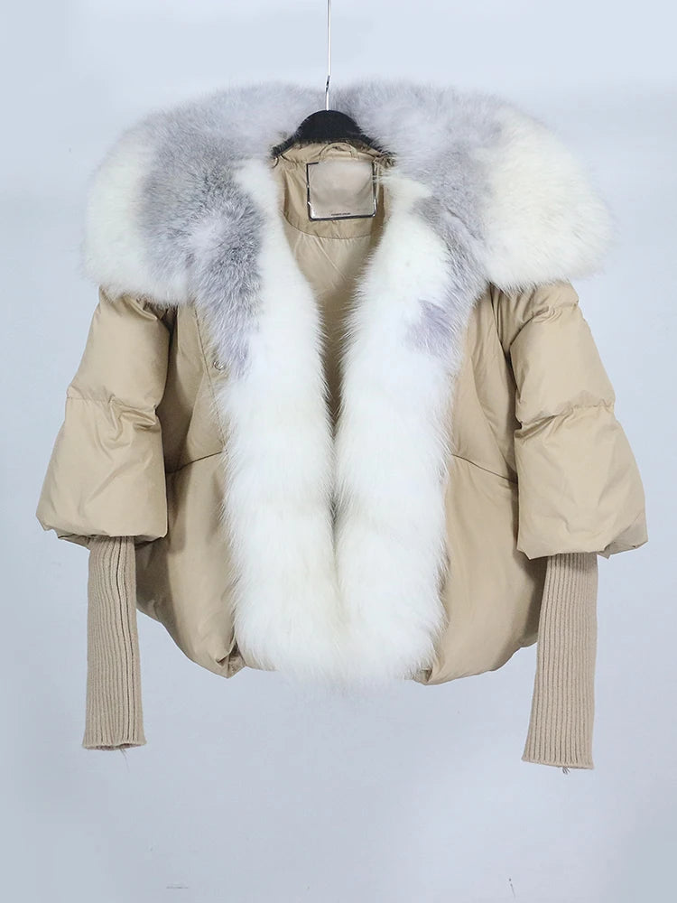 OFTUBY 2023 White Duck Down Jacket Winter Women Warm Loose Coat Natural Real Fox Fur Collar Thick Luxury Outerwear New Fashion