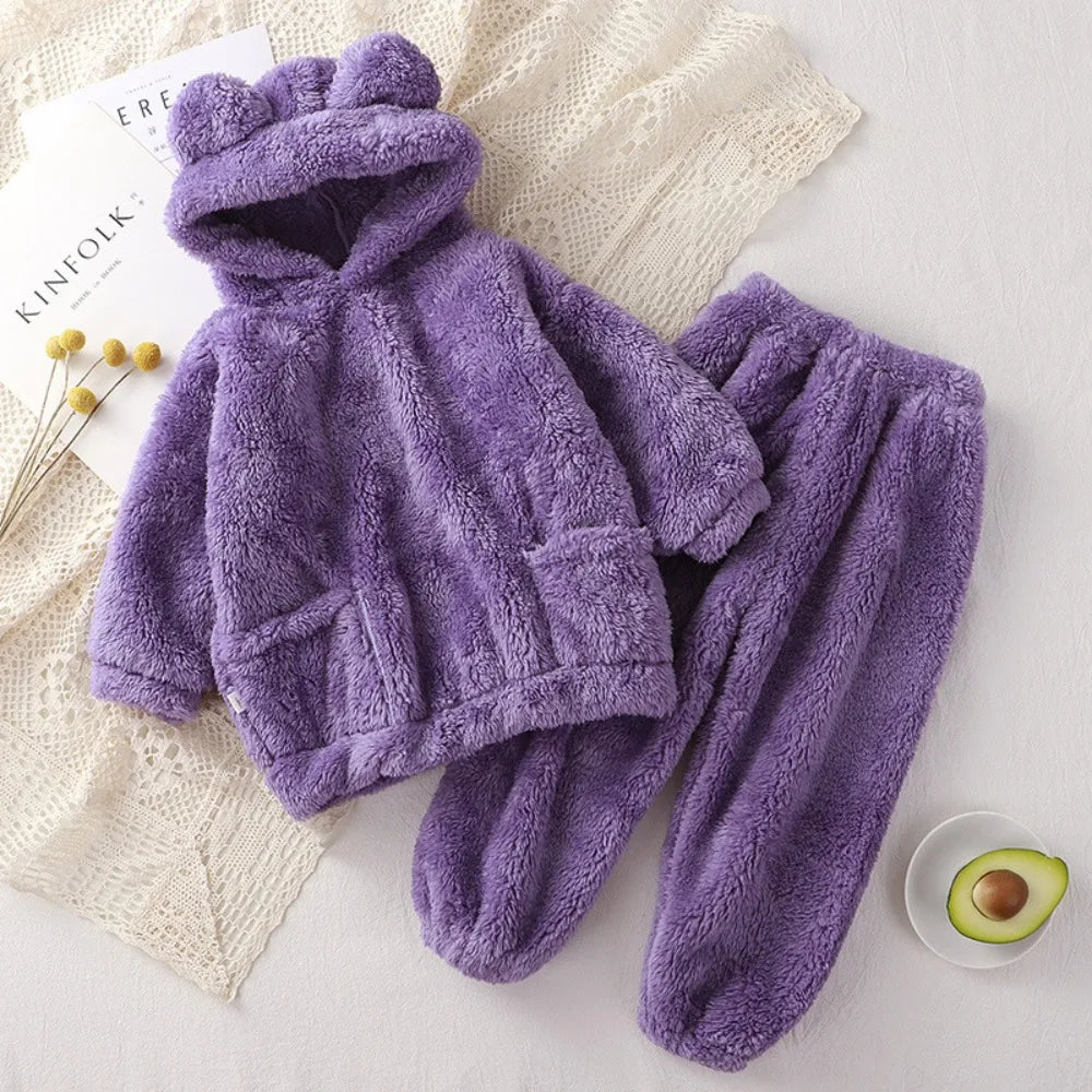 Girls Clothes New Autumn and Winter Teddy Bear Hooded Pocket Long Sleeved Pajamas+Pants Two-piece Home Warm Children's Clothing