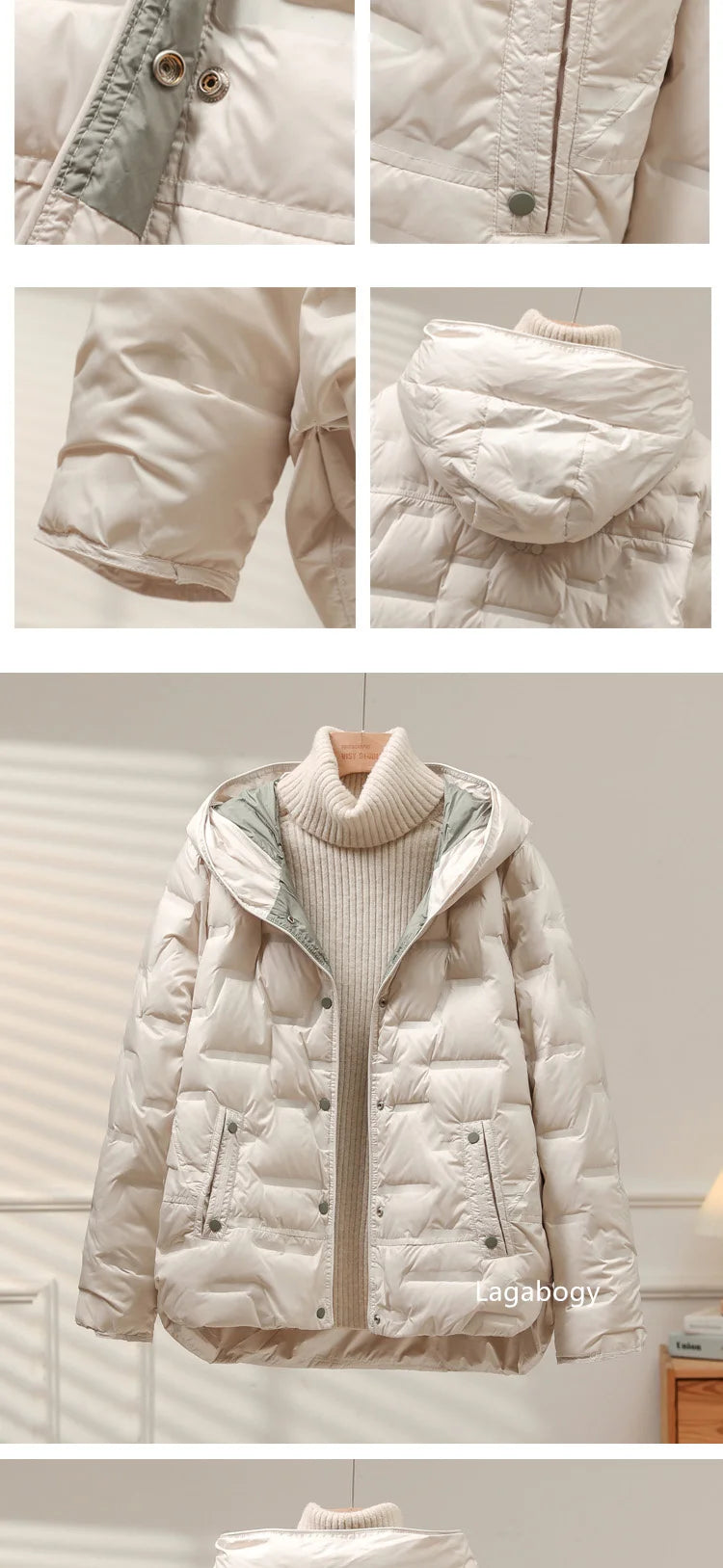 Lagabogy 2025 Autumn Winter Women White Duck Down Coat Casual Single Breasted Hooded Jacket Female Light Puffer Parka Outwear