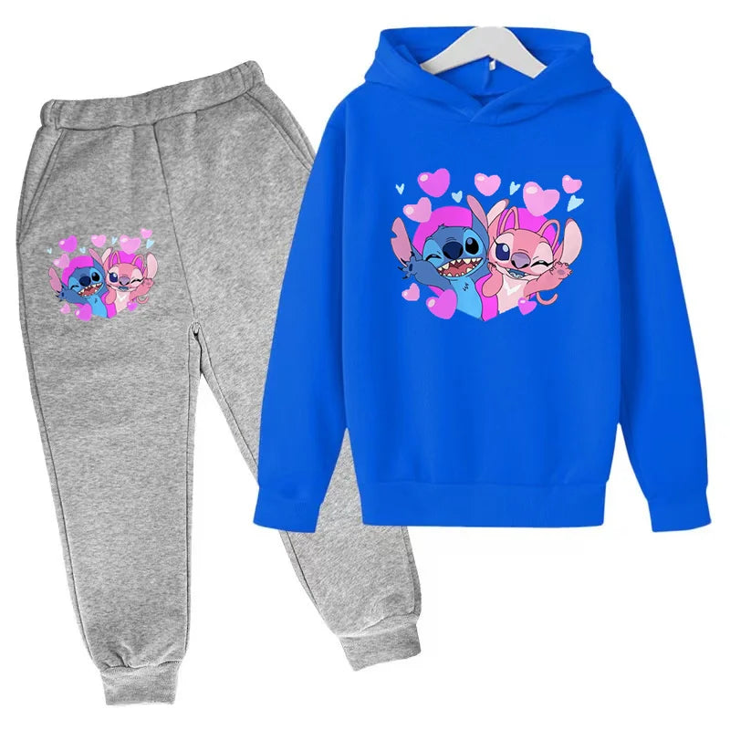 New Cute Stitch Hoodies Sweatshirts Girls Clothes Children's Clothing Sets Child Girl Tops+Pants 2 Pcs Suits Boys Tracksuits Set