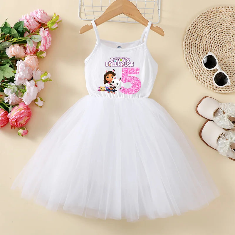 Gabby Dollhouse Suspenders Dress Puffy Cute Cartoon Anime Summer Girls Dresses Mesh Baby Kids Trend Princess Skirt Birthday Gift