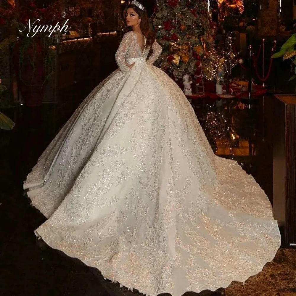 Ball Gown Long Sleeve Bridal Dress Sparkly Sequined Appliques Wedding Gown Luxury Bride Robe Customized Vestidos De Novia