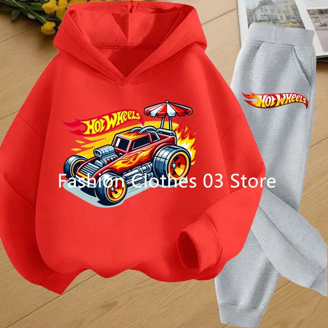 Fashion Sweatshirt Casual Sportswear Kids Clothing Hot Wheels Car Game Printed Hoodie Coat 3-12 Yrs Boys Girls Toddler Top+pants