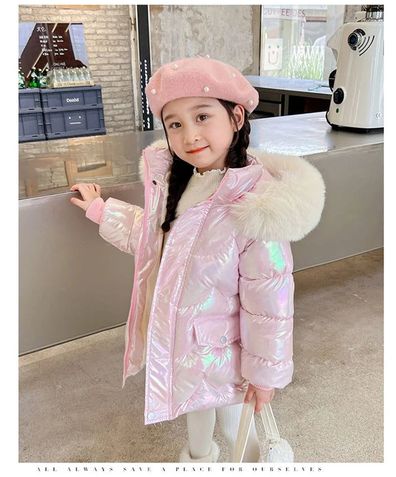New Winter Coats Girls Warm Long Down Jackets Kids Fashion Unicorn Shiny Waterproof Parka Children Fur Collar Hooded Outerwear