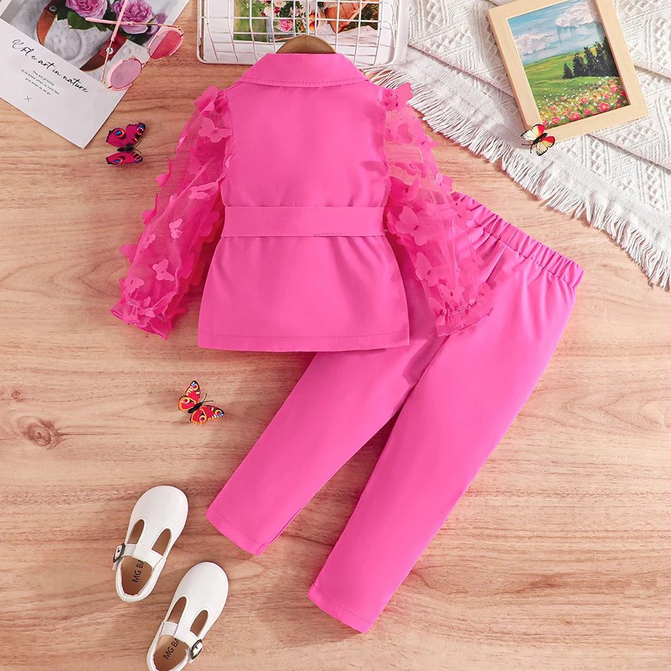 Children Clothing Stylish Girls Kids Autumn Winter Long Sleeve Bow-Tie Mesh-Sleeved Suit Pant Set Everyday Wear Children Sets