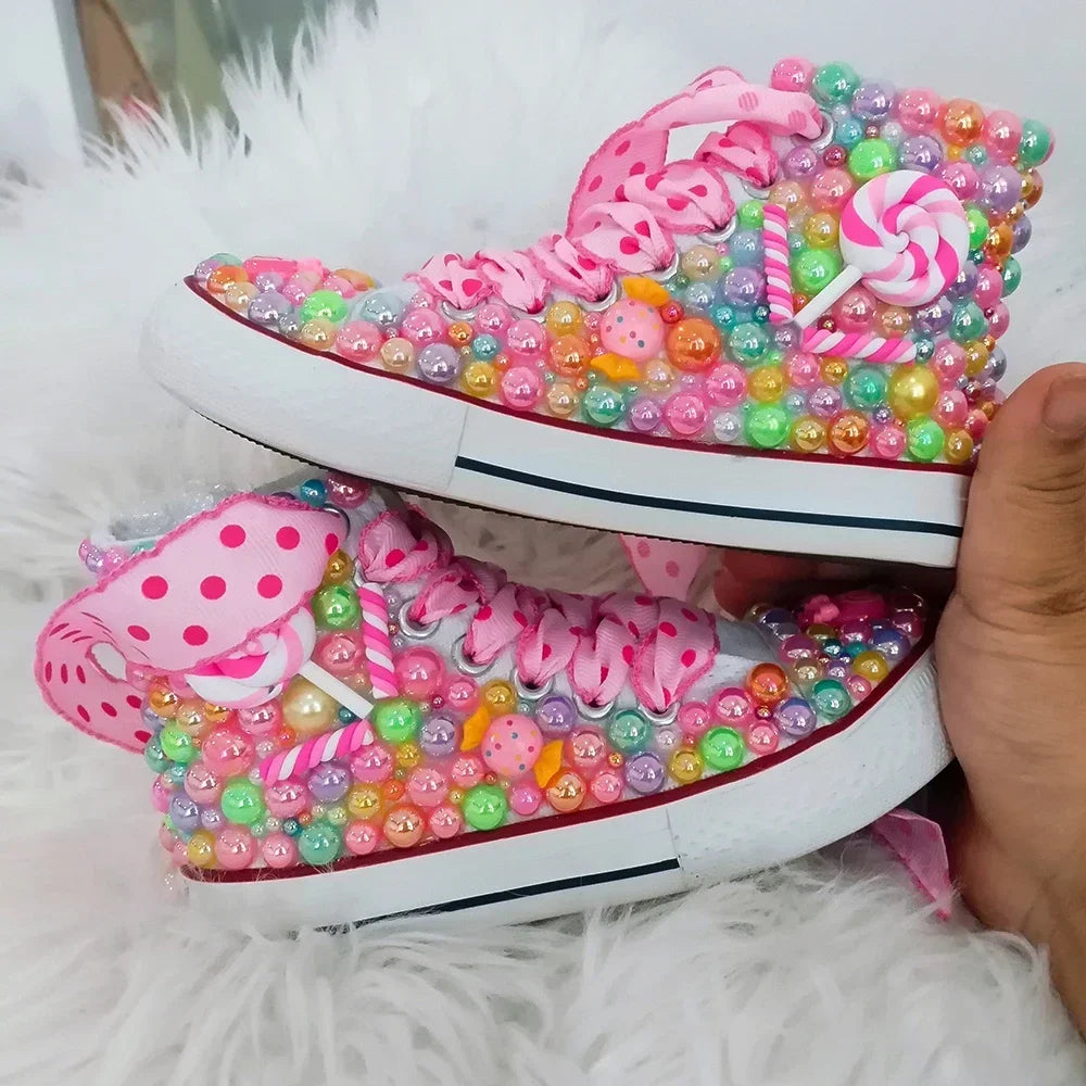 Handmade Rhinestones Bling Girls Womens Kids And Mother Candy Canvas Shoes Pearls Sneakers For Girl Birthday Party Wedding