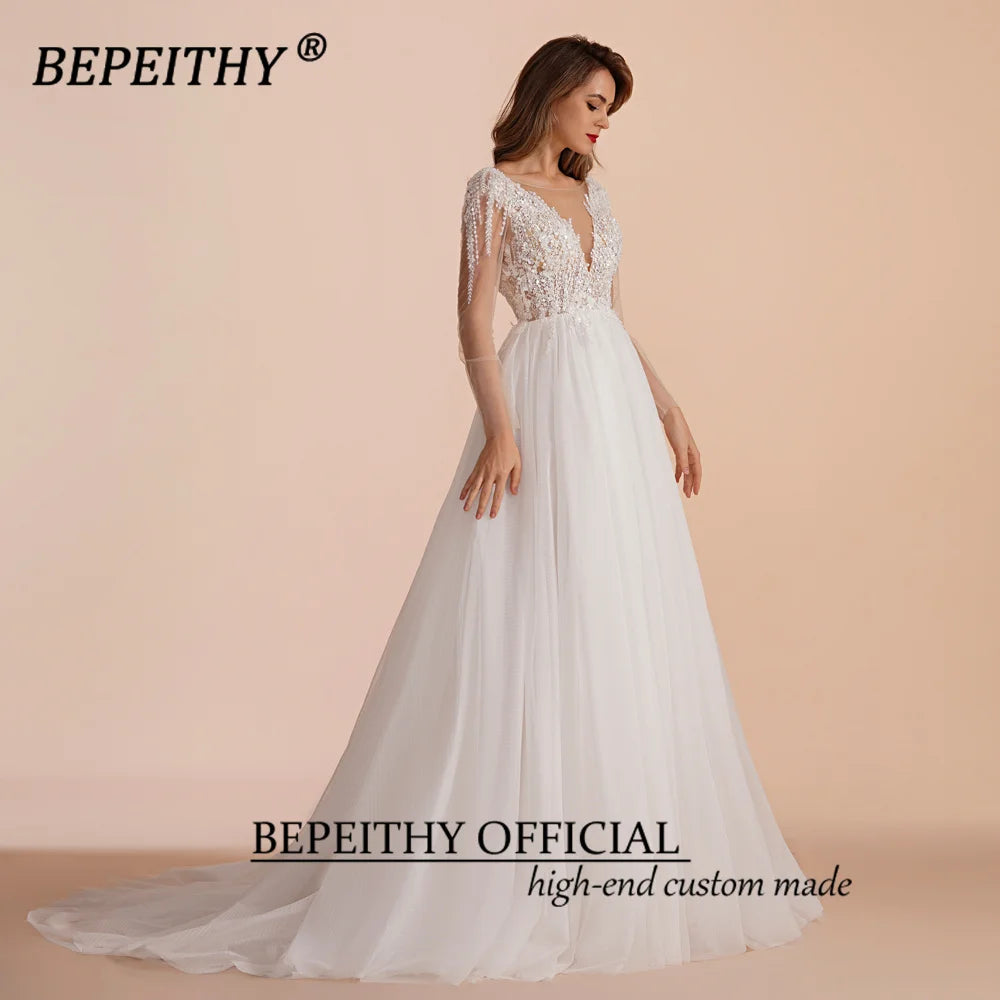 BEPEITHY Customized Scoop Long Sleeves Beading Bodice Wedding Dresses 2023 For Women Bride A Line Floor Length Bridal Party Gown