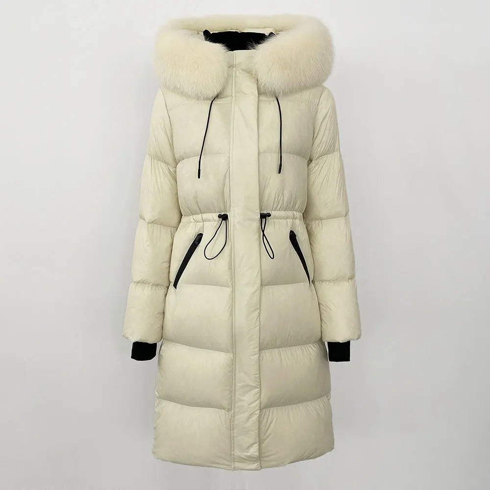 2024 Winter New  Casual Fashion Slim Warm Jacket Female White Duck Down Real Fox Fur Real Raccoon Fur Long Hooded Coat Women
