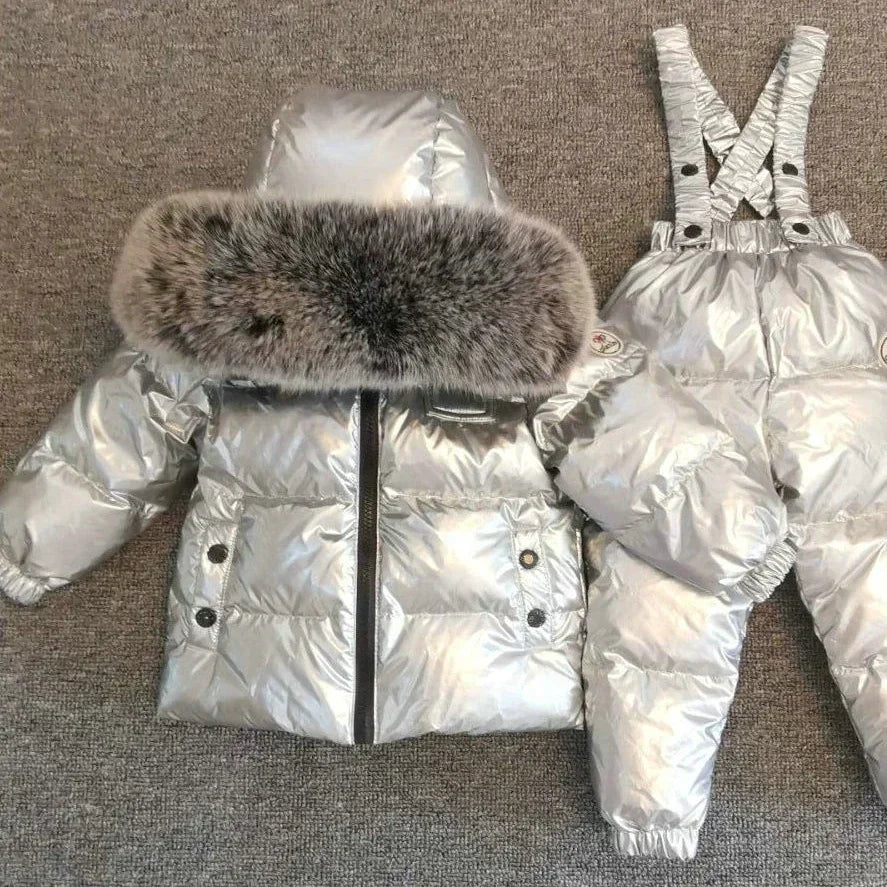New Winter 2023 Kids Boutique Clothing 2 Pieces Sets Down Jacket Suspender Trousers Big Fur Collar Warm Soft Unisex Ski Suit