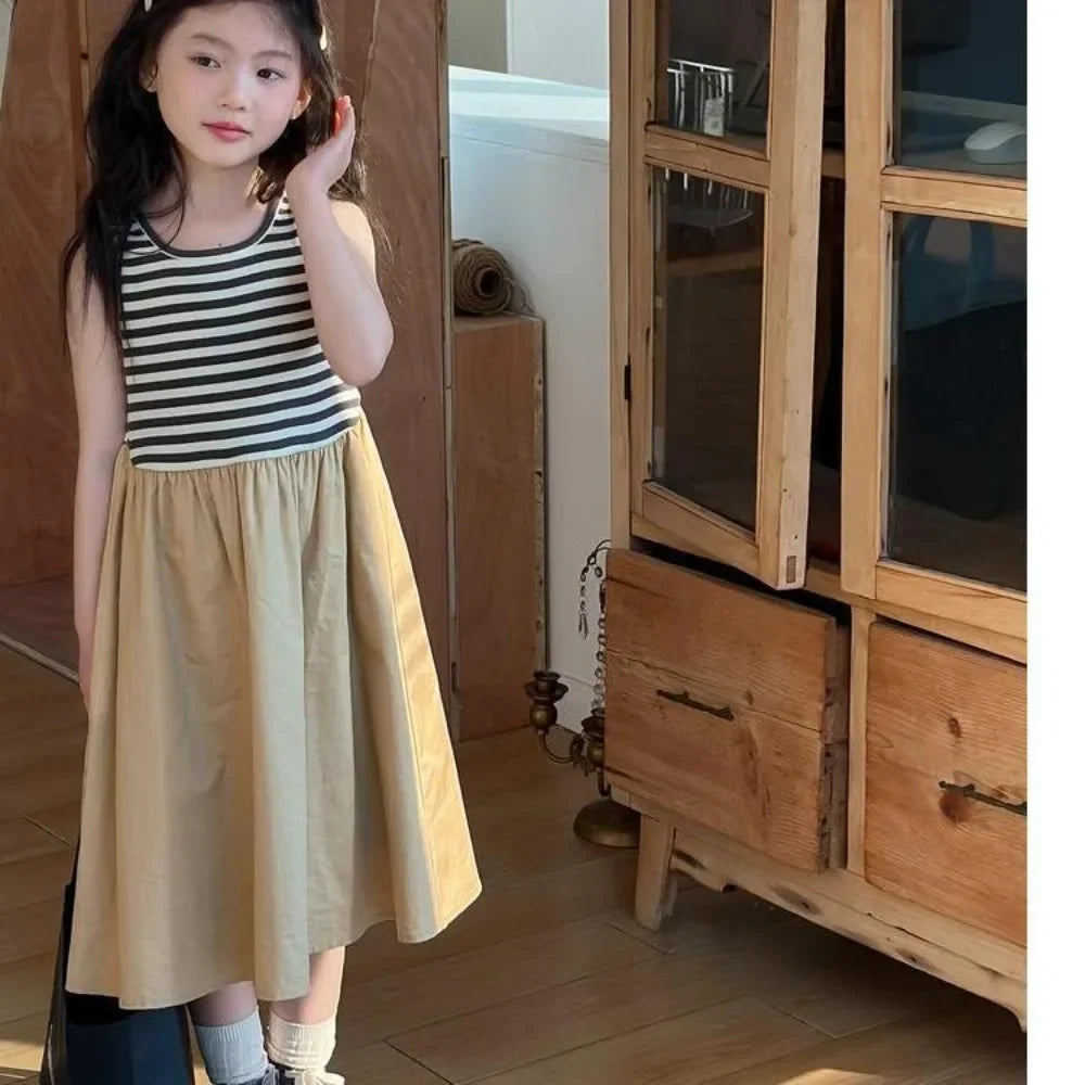 4 5 7 9 11 13-year-old Girl's Casual Clothes 2025 Autumn New Suspender Striped Vest Dress+khaki Jacket Two-piece Set