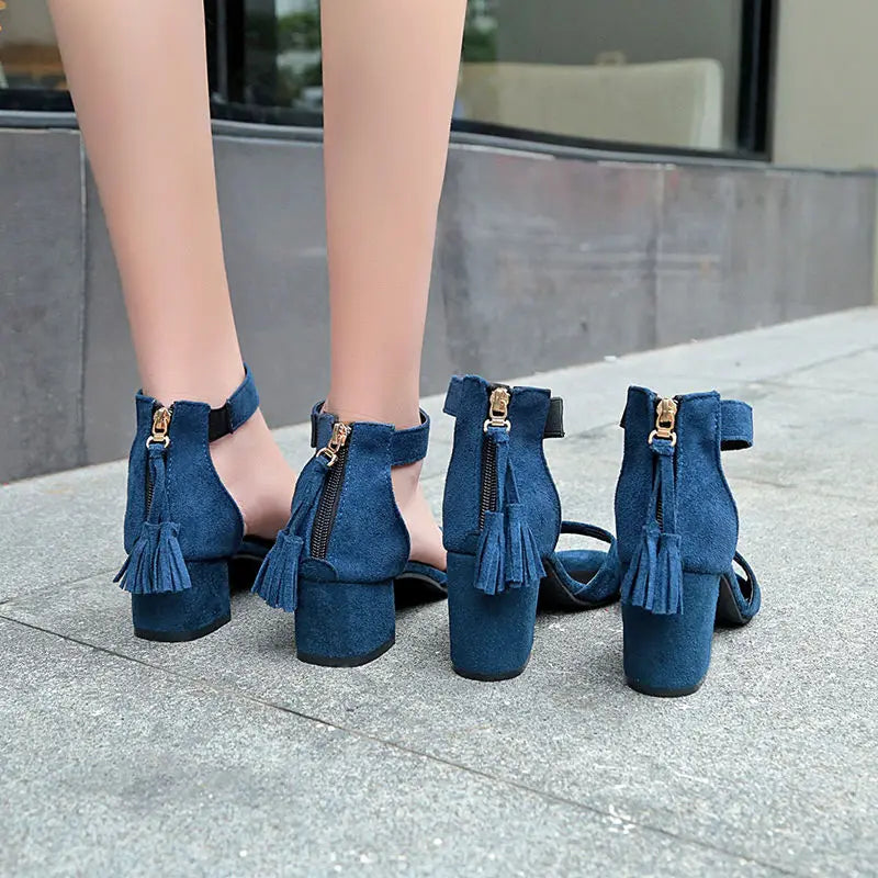 Heeled Pumps Square Heels Summer 2025 Leather Sandals for Women Footwear Office Work High Ladies Shoes Blue Sandal Designer H F