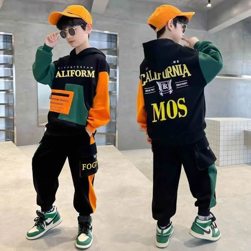 Boys Hooded Sweatshirt Sets Autumn Sport Casual Suits Teen Pullover+Pants 2Pcs Spring Kids Tracksuit Outfits Children Clothes