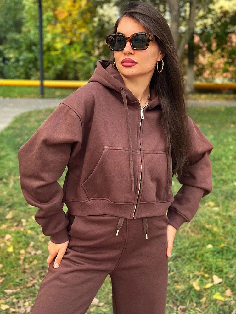 Women Tracksuits Winter Fleece Sweatsuit Brown Warm Crop Zipper Hoodies And Sweatpants Set For Women 2 Piece Velvet Pants Sets