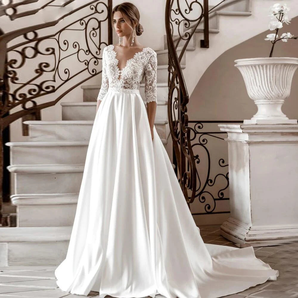 Elegant Sexy V-Neck Women Wedding Dresses Mopping Length Gorgeous Princess Bride Gowns Cocktail Ball Vestido De Novia Customized
