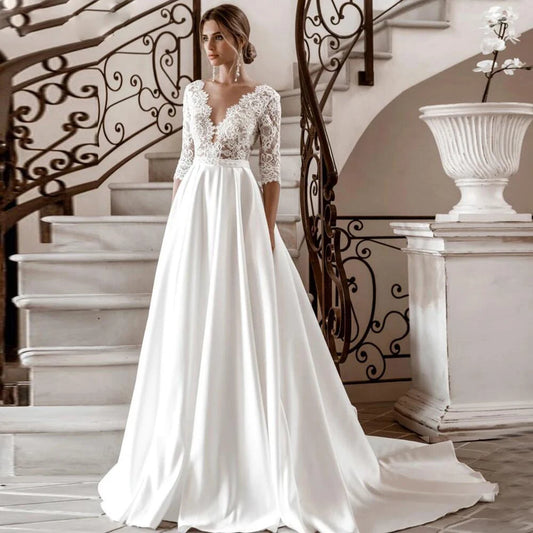 Elegant Sexy V-Neck Women Wedding Dresses Mopping Length Gorgeous Princess Bride Gowns Cocktail Ball Vestido De Novia Customized