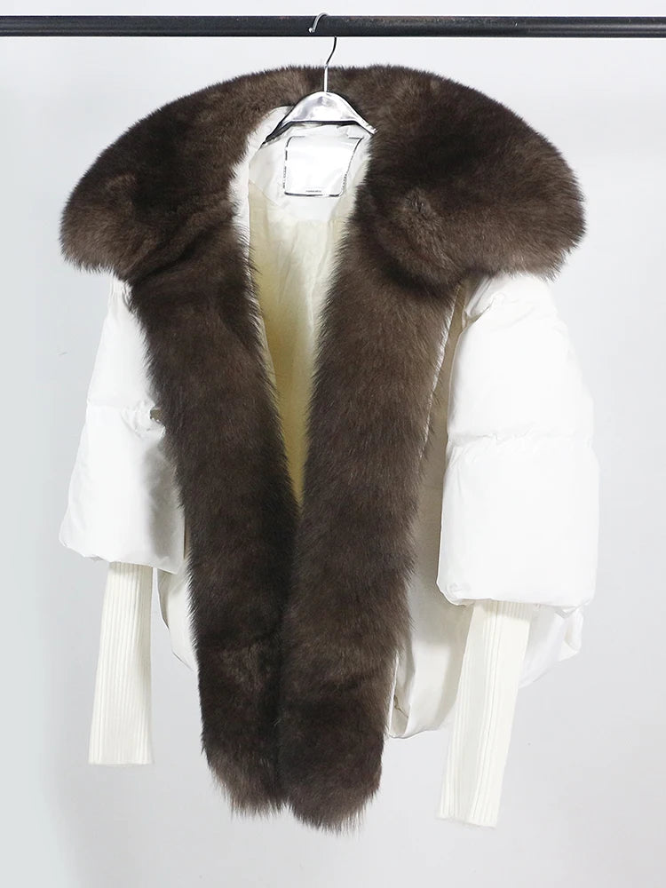 OFTUBY 2023 White Duck Down Jacket Winter Women Warm Loose Coat Natural Real Fox Fur Collar Thick Luxury Outerwear New Fashion