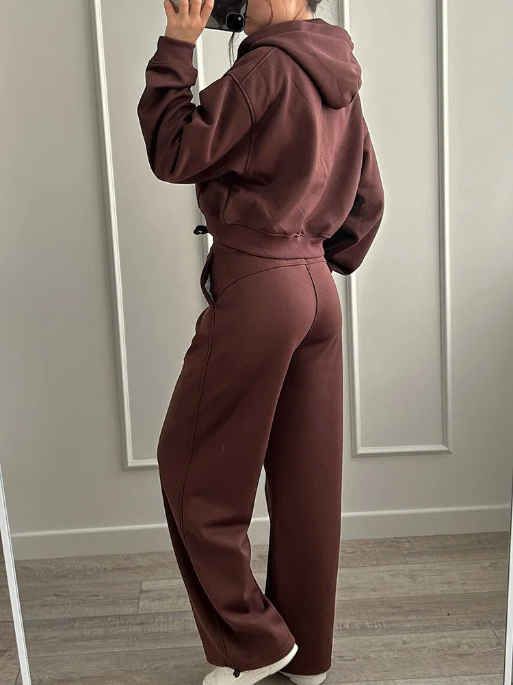 Women Tracksuits Winter Fleece Sweatsuit Brown Warm Crop Zipper Hoodies And Sweatpants Set For Women 2 Piece Velvet Pants Sets