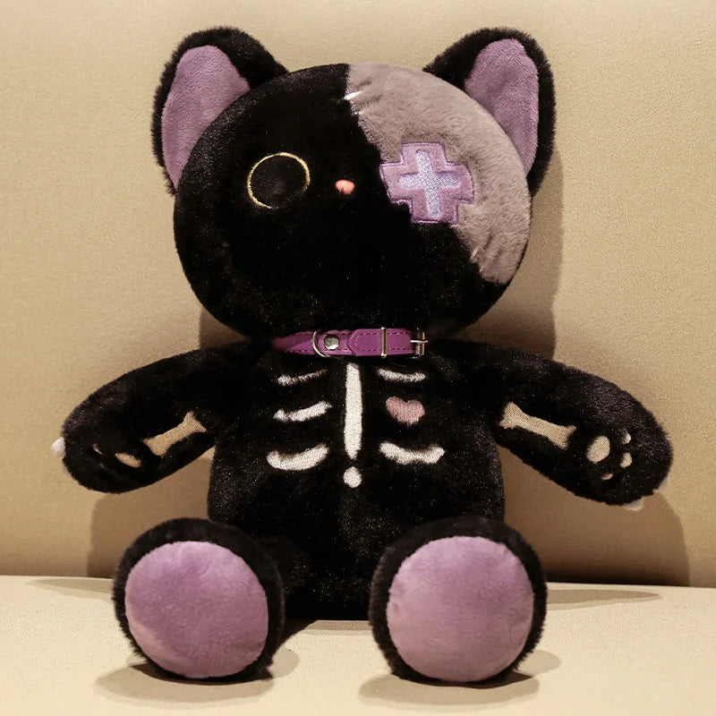 35cm Kawaii Black Serie Skeleton Cat Soft Plush Toy Creative Stuffed Animal Fluffly Gothic Skull Kitten for Kids Halloween Gifts