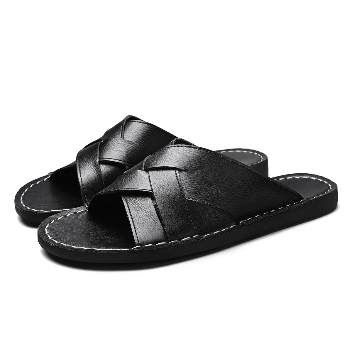 Summer Mens Flat Leather Slippers Slides Slip-on Sandals Thin Soles Retro Style Anti-skid Breathable Comfortable Big Size 48 49