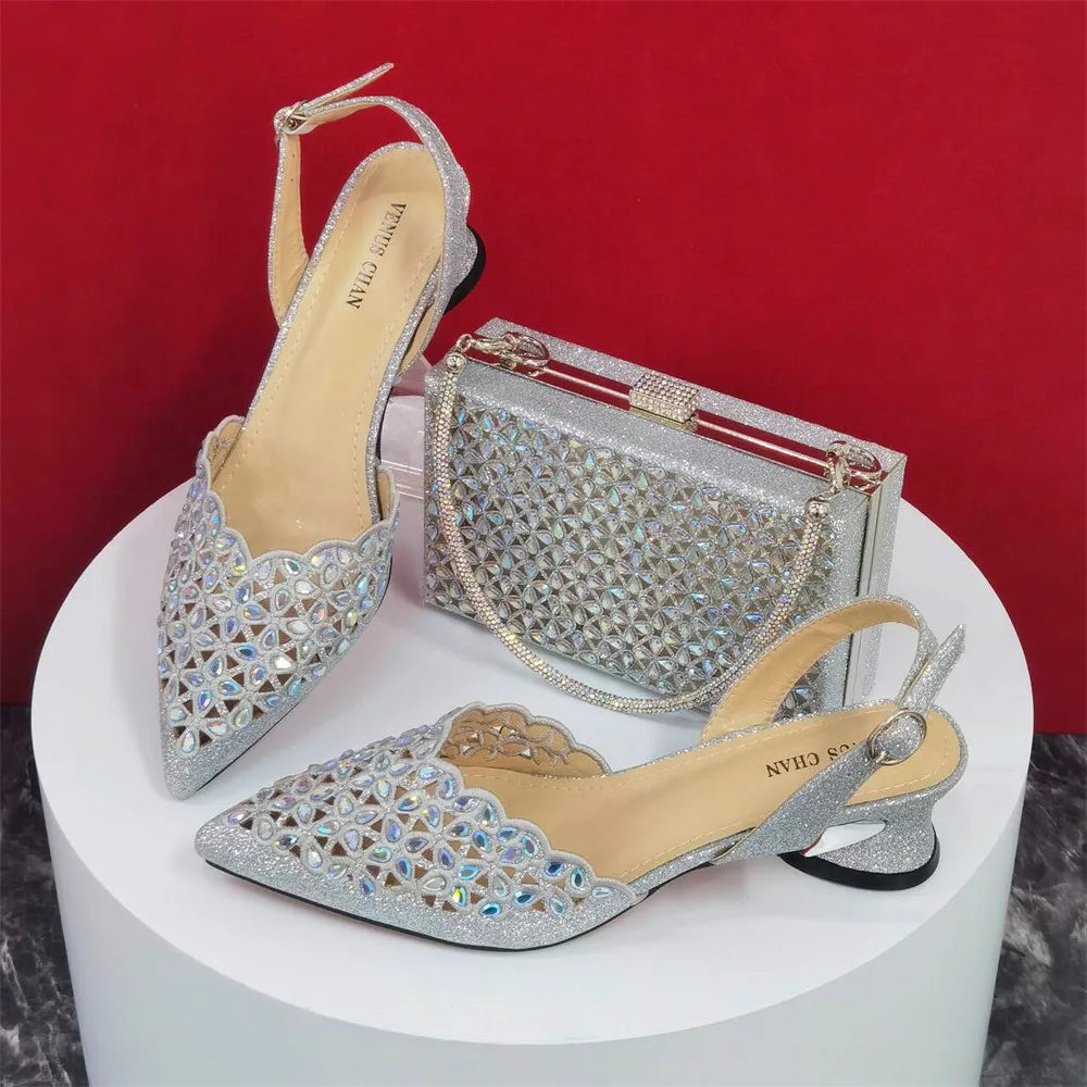 Ladies Italian High Heel and Bag Set Golden Color Italian Shoe with Matching Bag Set 2024 Nigerian Shoes and Bag Set for Party